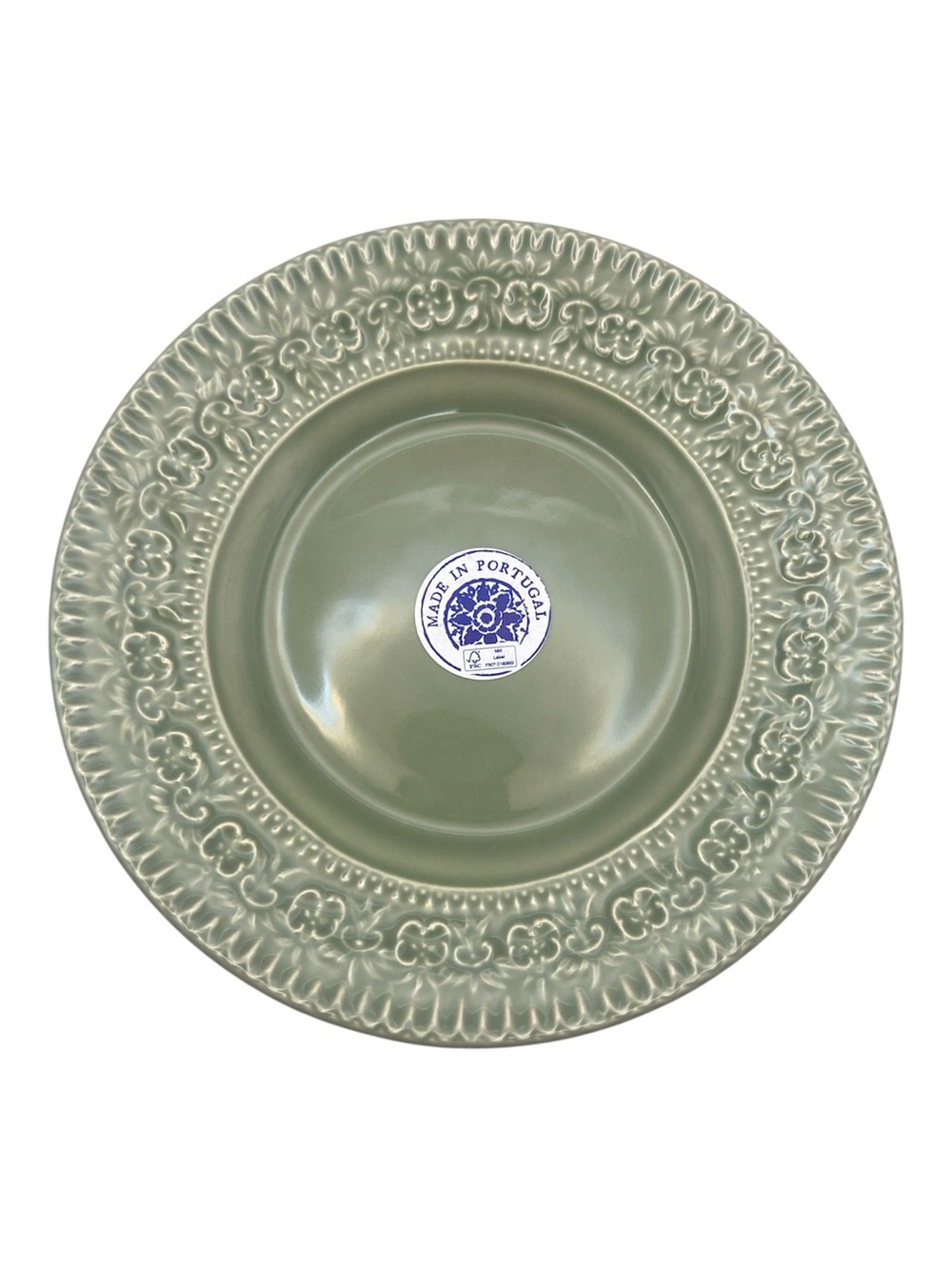Set of Four Green Ceramic Plates Made in Portugal Boho Floral Leaf Border NWT